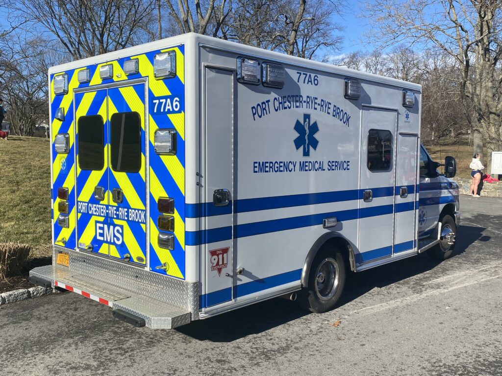 (PHOTO: A Port Chester-Rye-Rye Brook EMS ambulance at Rye Town Park.)