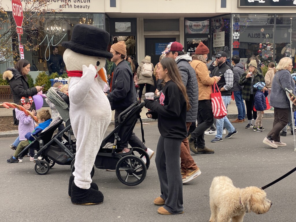 (PHOTO: A snowman working the crowds at Mistletoe Magic on Purchase Street in Rye on Sunday, November 26, 2023.)