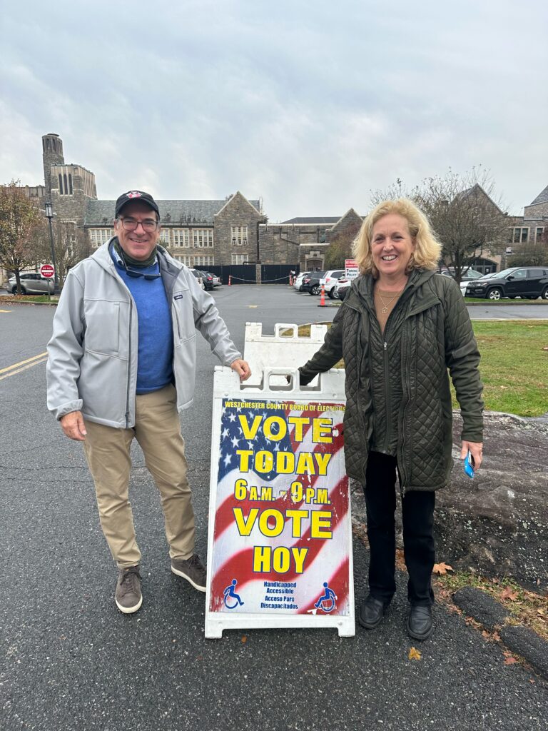 (PHOTO: City Council candidates Josh Nathan (D-incumbent) and Jamie Jensen (D-challenger) GOTV (get out the vote Tuesday, November 7, 2023.)