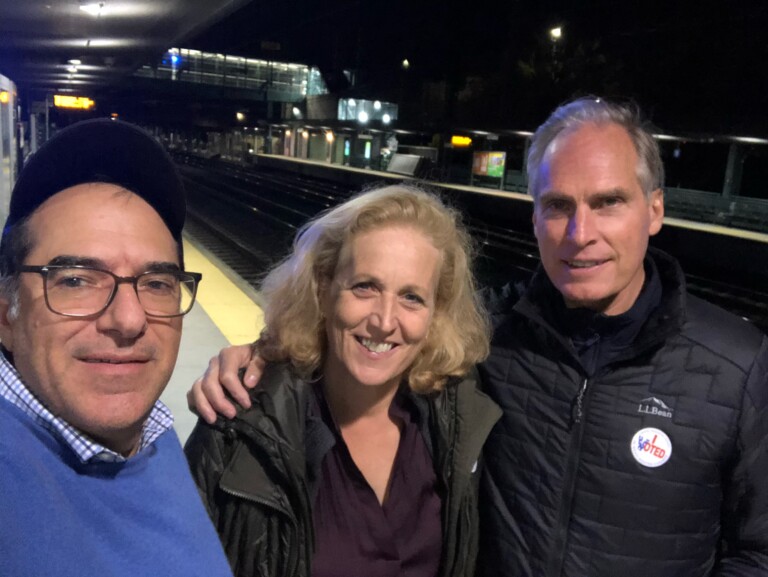 (PHOTO: City Council candidates Josh Nathan (D-incumbent), Jamie Jensen (D-challenger) and Keith Cunningham (R-challenger) on the hustings Tuesday evening, November 7, 2023.)