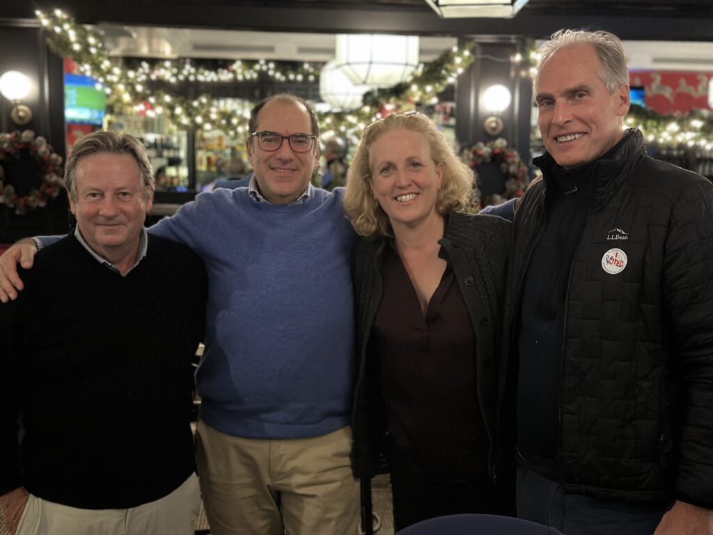 (PHOTO: Council member Bill Henderson, Councilmember Josh Nathan and incoming Councilmembers Jamie Jensen and Keith Cunningham at the local GOP party at Ruby's on Tuesday, November 7, 2023.)