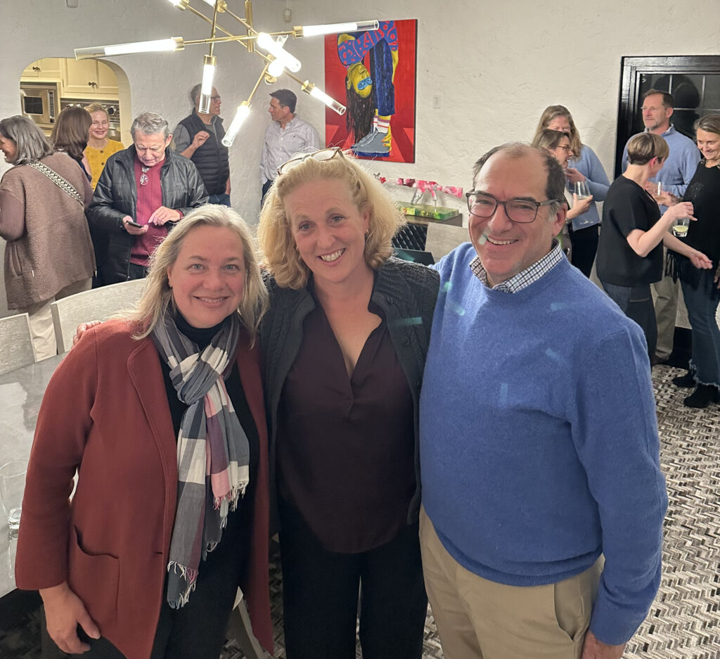 (PHOTO: Rye County Legislator Catherine Parker, incoming Councilmember Jamie Jensen and Councilmember Josh Nathan at the home of local Dem boss Danielle Tagger-Epstein on Tuesday, November 7, 2023.)