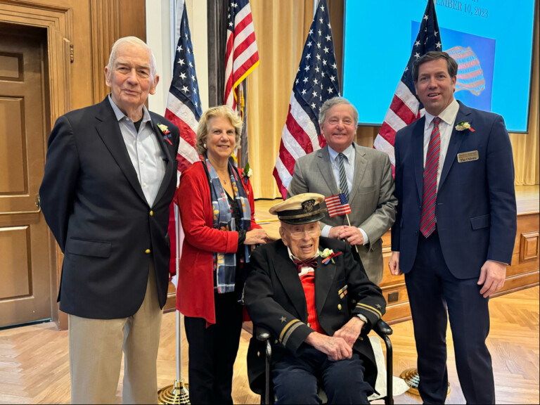 (PHOTO: Veterans Day 2023 at The Osborn: on Friday: resident and veteran Jack Savage, State Senator Shelley Mayer, resident and veteran Leon Starr, a 105-year old World War II veteran, State Assemblyman Steve Otis and The Osborn CEO Matt Anderson.)