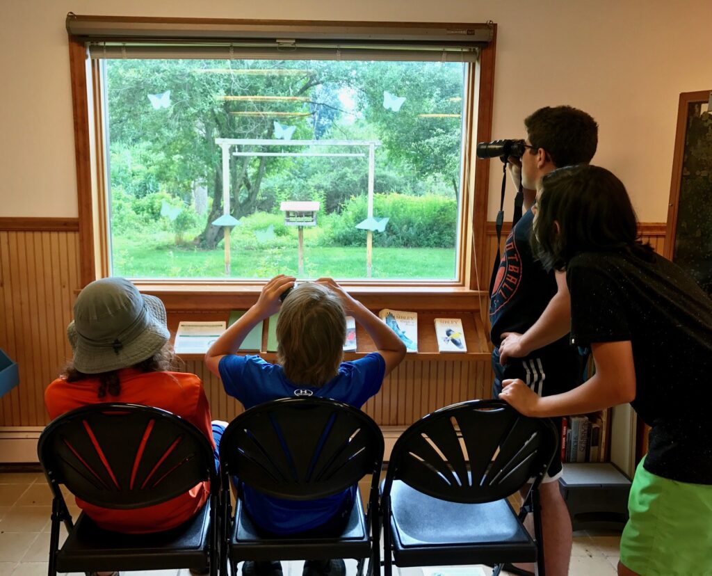 (PHOTO: Campers birdwatching at Edith Read Wildlife Sanctuary's visitor center.)