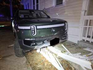 (PHOTO: Rye Police Officers arrested Eric Greenspan, age 59 of Rye, on Wednesday evening, December 6, 2023 near Playland, for driving while intoxicated (DWI) after he drove his 2023 Rivian, pictured here, into a residence. Credit: Rye PD.)