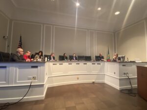 (PHOTO: Two Council members aligned with Mayor Cohn - Julie Souza and Ben Stacks - were absent on Wednesday, November 29, 2023 during a public hearing on the proposal to place artificial turf on Rye Recreation's Nursery Field on Milton Road.)