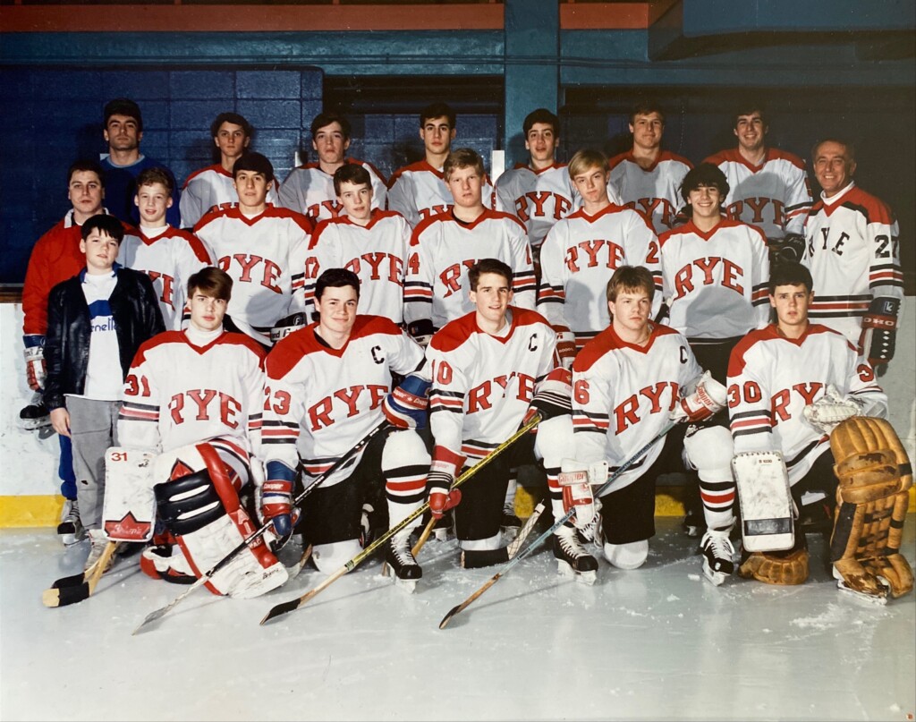 (PHOTO: Rye Boys Varsity Hockey team photo 1990. Peter Thomas is in the middle row 3rd from left.)