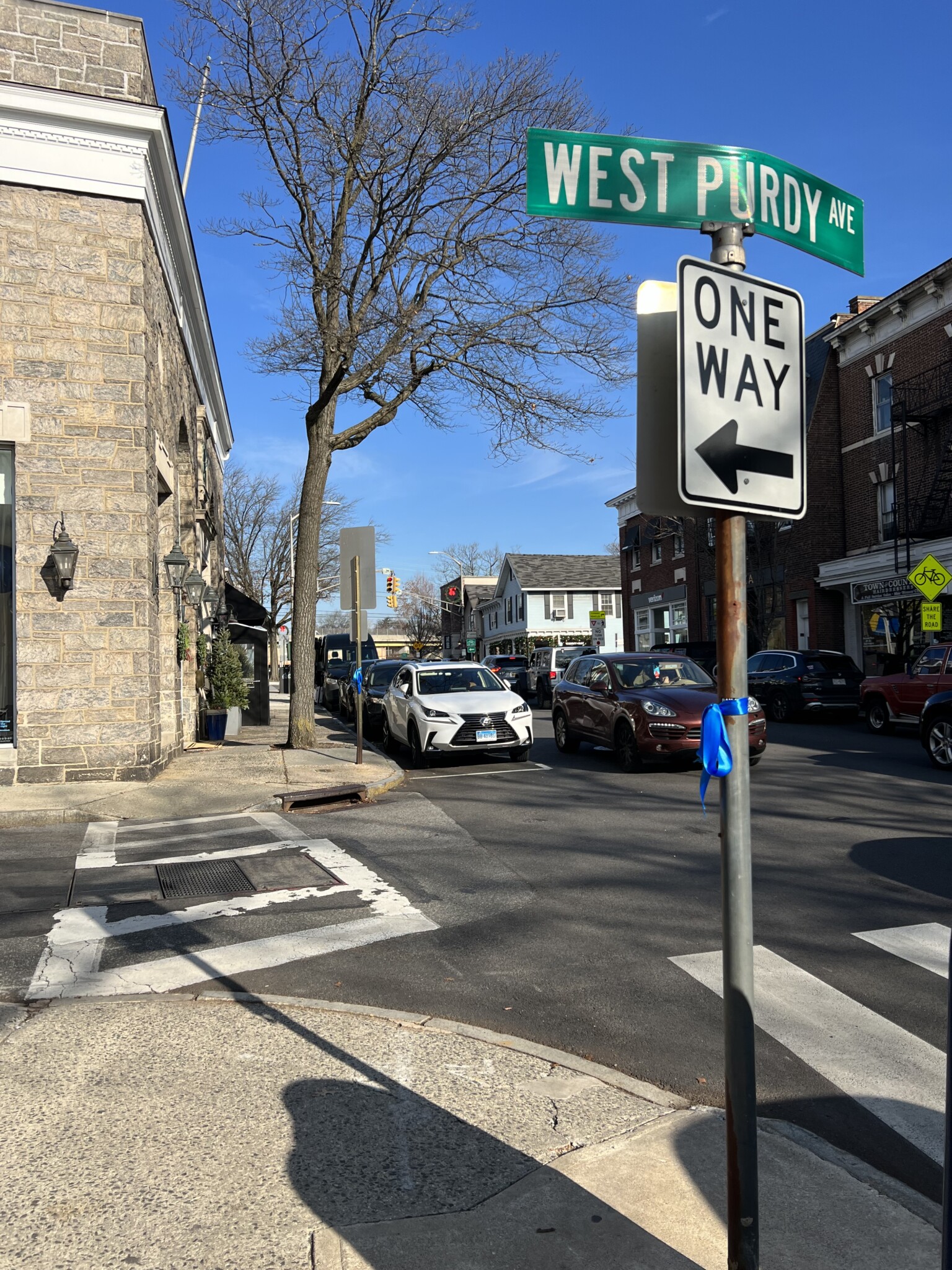 (PHOTO: A blue ribbon on display along Purchase Street in downtown Rye.)