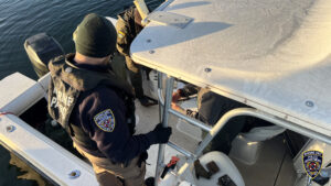 (PHOTO: Duck hunting season on Long Island Sound started on Saturday, December 9th, 2023 and runs until January 28th, 2024. Officers from the City of Rye Police Marine Unit and the New York State Department of Environmental Conservation Police were out at sunrise on Saturday checking waterfowl hunters on Long Island Sound.)