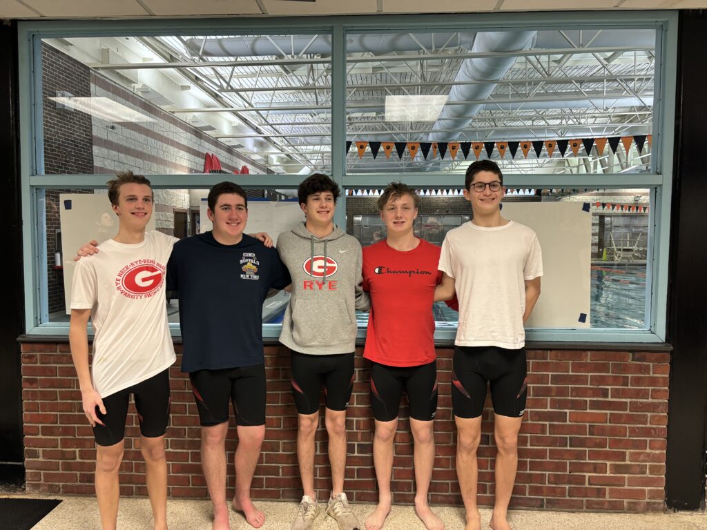 (PHOTO: The Rye Boys Varsity Swimming & Diving 2023-2024 team seniors: Bryan Laverty, Will Soviero, Jon Capaldi, Tripp Redd and Finn Palermo.)