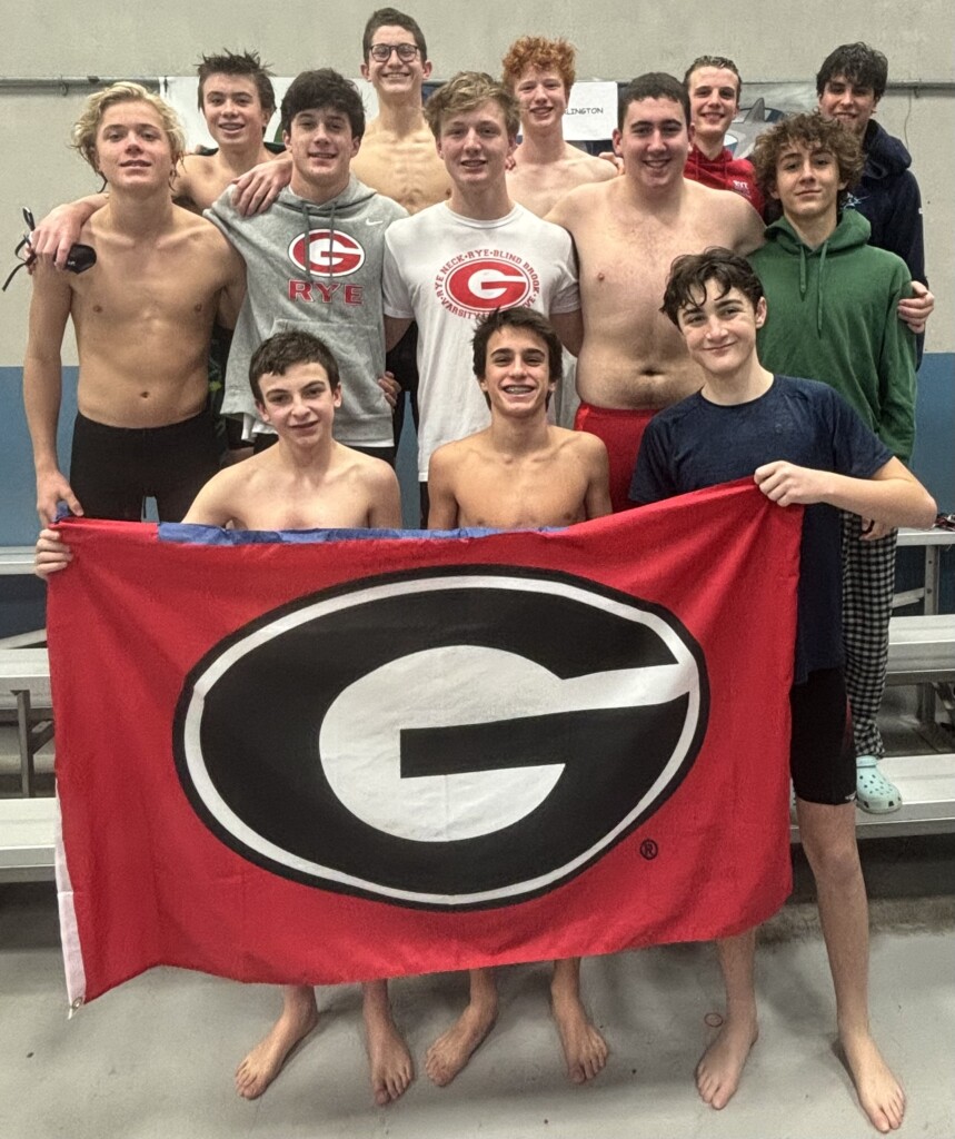 (PHOTO: Rye Boys Varsity Swimming made waves at the Section 1 League 3 Championship meet that concluded at Mark Twain Middle School on Saturday, January 27, 2024, tying for first place with Yonkers.)