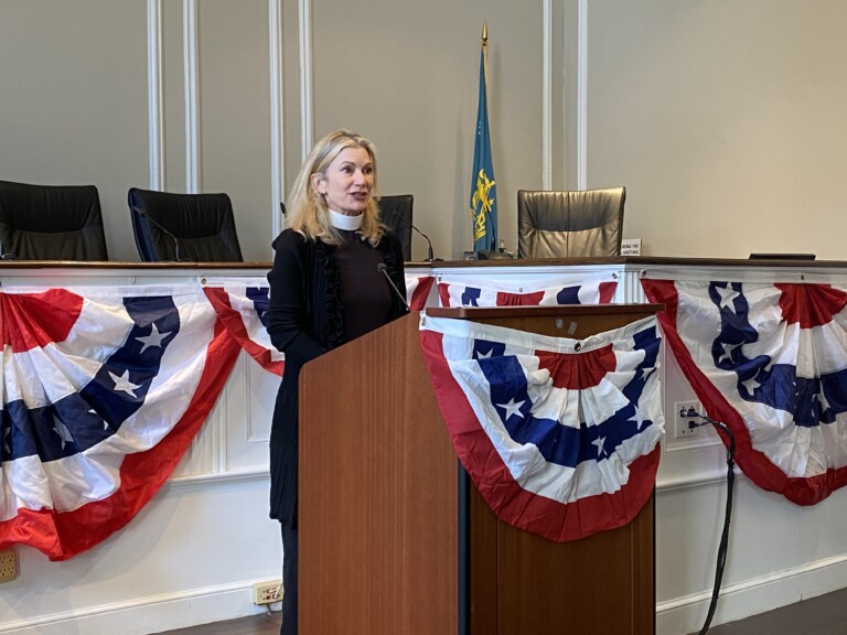 (PHOTO: "Good beginnings, bright beginnings, they matter," said the Rev. Kate Malin of Christ Church Rye at the City of Rye inauguration ceremony on Monday, January 1, 2024 during the invocation. "Every new year is rich with promise and possibility and every new year offers new life and new adventures and hope, plain and simple.")