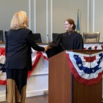 (PHOTO: New Councilmember Jamie Jensen being sworn in by Judge Valerie Livingston at the City of Rye Inauguration Ceremony on Monday, January 1, 2024.)