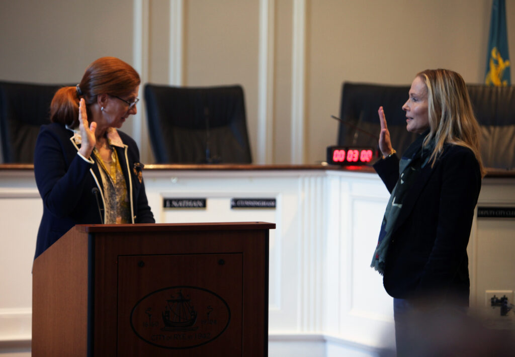 (PHOTO: Sara Goddard was sworn in as a new (and returning) City of Rye Councilmember on January 11, 2024 by Rye City Court Judge Valerie Livingston at Rye City Hall.)