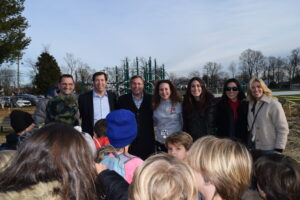 (PHOTO: Celebrating the new Bear Playground at The Osborn Elementary School on Friday, January 12, 2024. From left to right: Rob Gimigliano (Director of Facilities), Matt Anderson, (President & CEO, The Osborn), Eric Byrne (Superintendent of Schools), Angela Garcia (Osborn School Principal), Sara Keeshan, Liz Kang Smith, Emily Borell (Co-Chairs of the Osborn Playground Committee).)