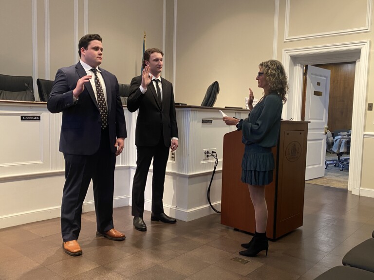 (PHOTO: New Rye FD Firefighters Aidan Ahearn and Thomas Junior were sworn in by new Rye City Clerk Noga Ruttenberg on Wednesday, February 28, 2024.)