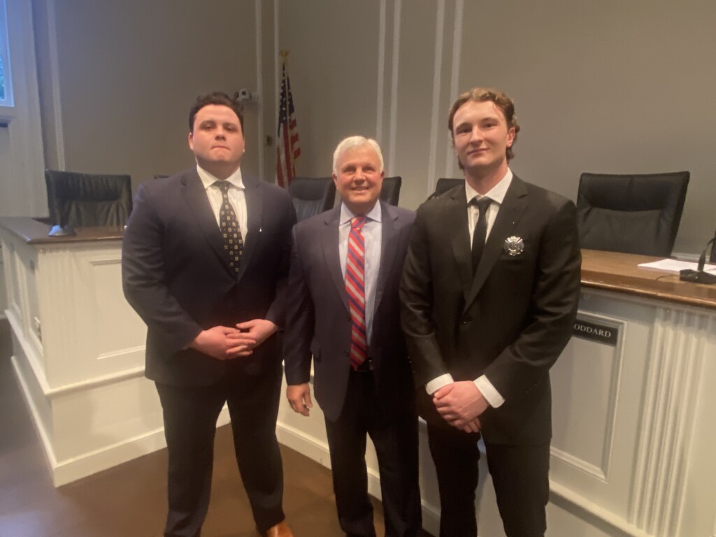 (PHOTO: Public Safety Commissioner Mike Kopy (center) with new Rye FD Firefighters Thomas Junior and Aidan Ahearn on Wednesday, February 28, 2024.)