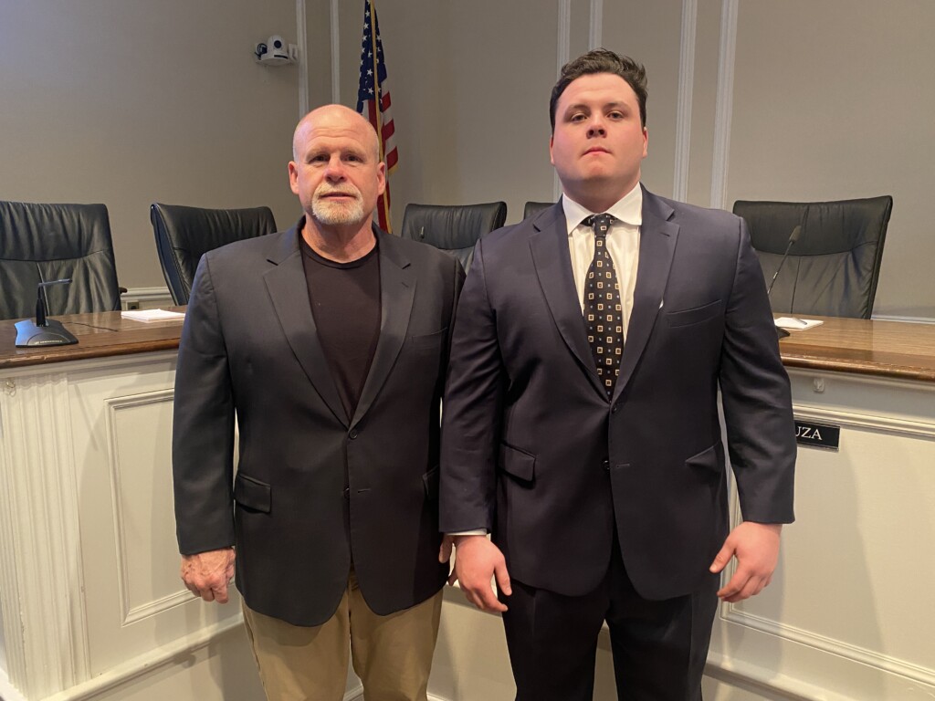 (PHOTO: New Rye FD Firefighter Thomas Junior with his father, retired White Plains firefighter Thomas Junior on Wednesday, February 28, 2024.)