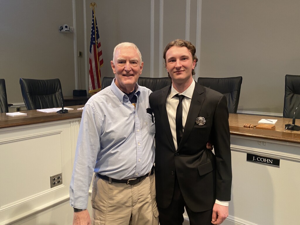 (PHOTO: New Rye FD Firefighter Aidan Ahearn with his grandfather, retired Rye PD officer Robert Somerville on Wednesday, February 28, 2024.)