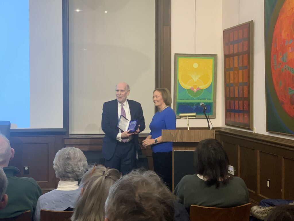 (PHOTO: The Rye Free Reading Room's Library Trustee and Chair of the Rye Heritage Committee Jan Kelsey presented the Library’s 2023 Mayor’s Award to Lincoln scholar an author Harold Holzer.)
