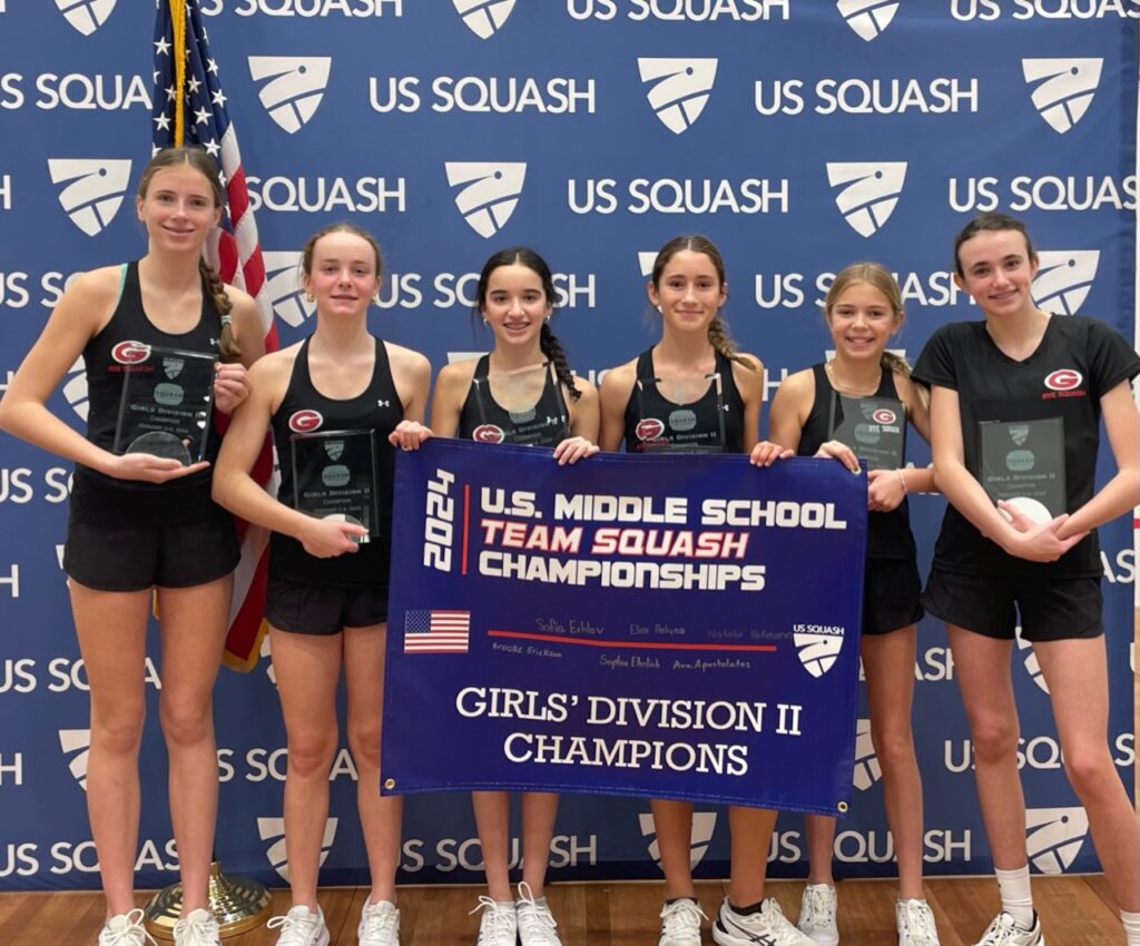 (PHOTO: The Rye Middle School Girls Squash team won the national championship for Division 2 this weekend in Philadelphia. From left to right: Natalie Hofmann, Sofia Echlov, Sophie Ehrlich, Eliza Relyea, Brooke Erickson, Ava Apostolatos.)