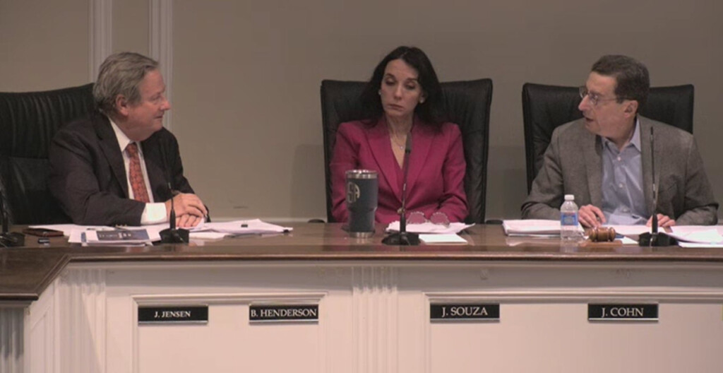 (PHOTO: Councilmembers Bill Henderson, Julie Souza and Mayor Josh Cohn during the City Council meeting on Wednesday, March 6, 2024.)