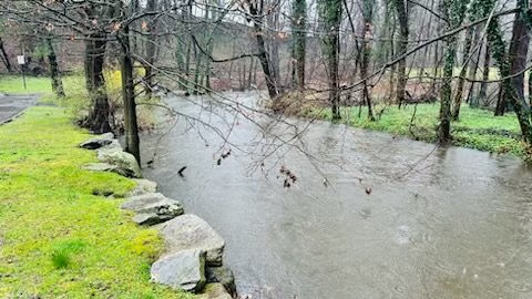 (PHOTO: High water in the Blind Brook along Boston Post Road Saturday, March 23, 2024.)