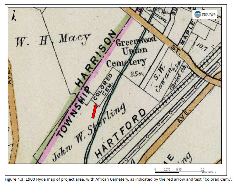 (PHOTO: A 1900 Hyde map of project area, with the African American Cemetery, as indicated by the red arrow and text Colored Cem.)