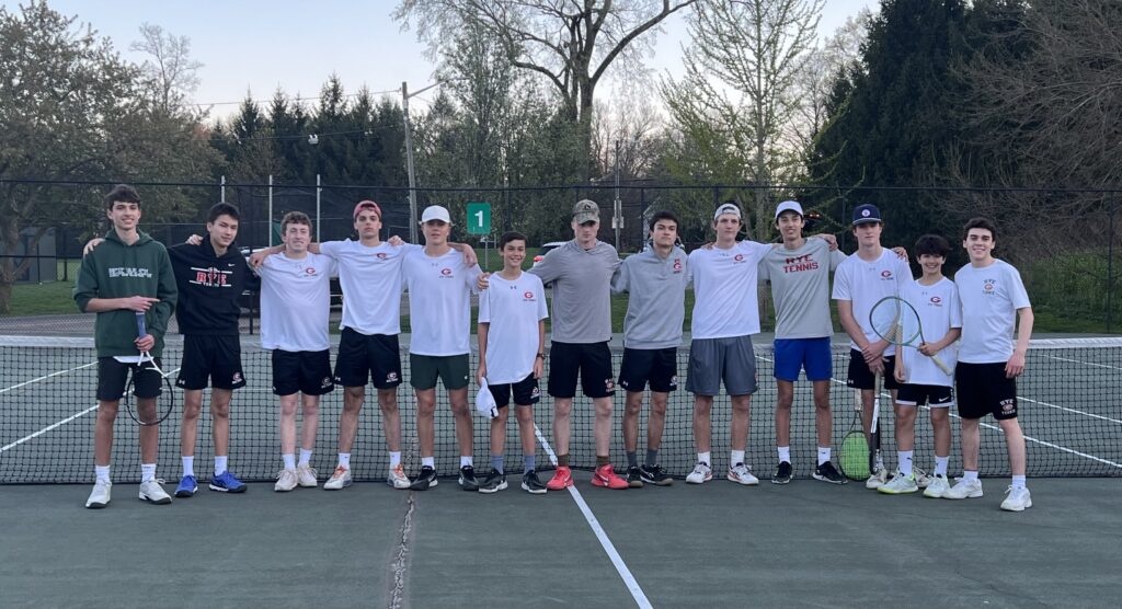 (PHOTO: The 2024 Rye Boys Varsity Tennis team after its win against Rye Country Day School on Wednesday, April 24, 2024.)