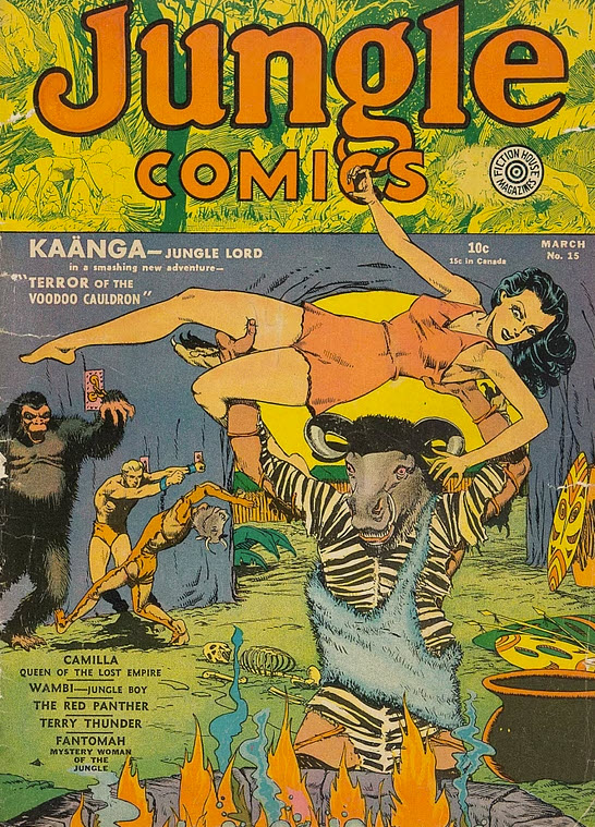 (PHOTO: Kaänga was a Tarzan-alike character who starred in the Golden Age anthology comic series Jungle Comics, published by Fiction House from 1941 and created by Alex Blum. Source: Heritage Auctions.)