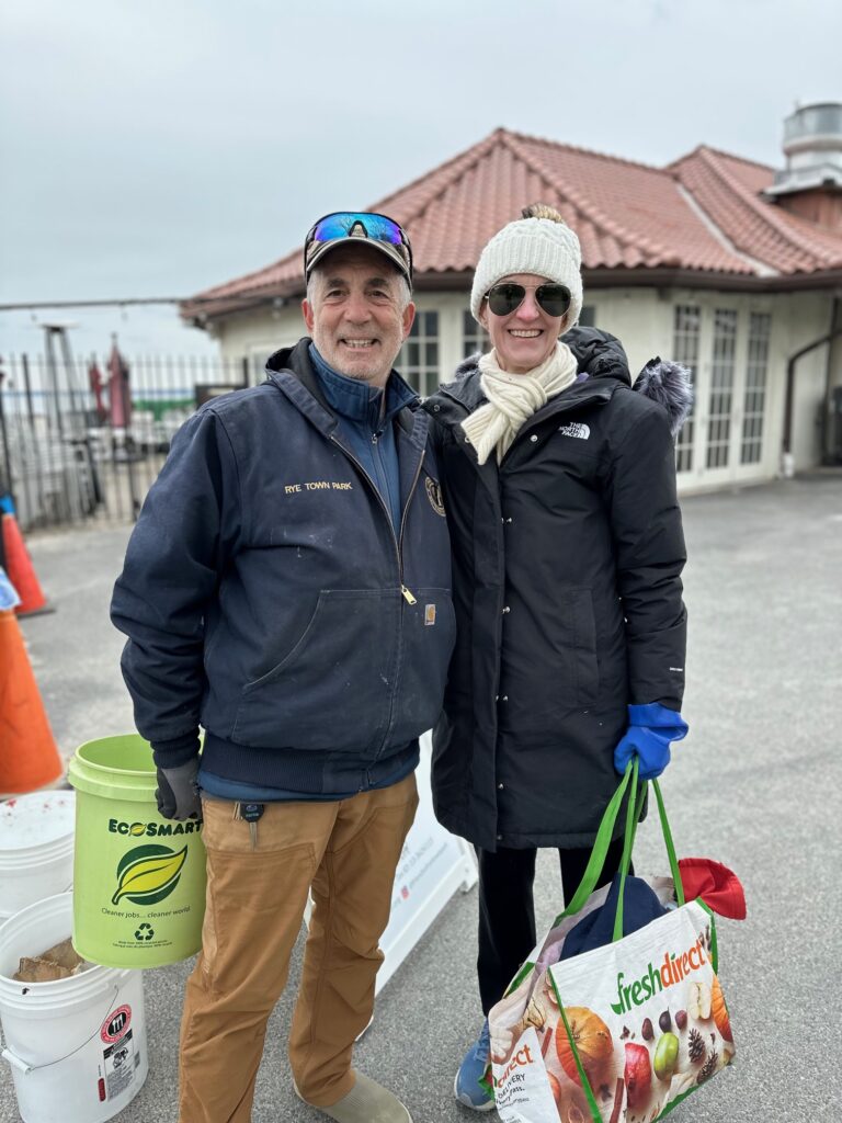 (PHOTO: Rye Town Park Director Russ Gold and volunteer Margaret Mead at the Oakland Beach cleanup on Sunday, April 21, 2024.)