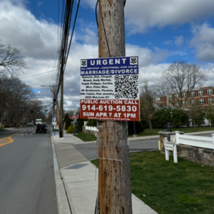(PHOTO: On Friday, April 5th, 2024, Rye PD arrested two individuals who were posting signs on Purchase Street. Posting of signs on any public property without the consent of Rye City Council is illegal.)