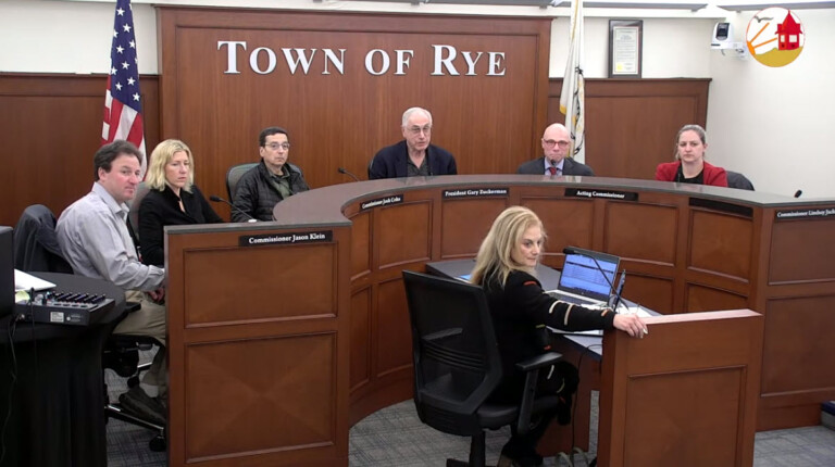 (PHOTO: The Rye Town Park Commission meeting on March 19, 2024. Left to Right: Commissioner Jason Klein (Rye Brook), Commissioner Emily Hurd (Rye), Commissioner Josh Cohn (Rye), Commission President Gary Zuckerman, Acting Commissioner Frank Ferrera (Port Chester) and Commissioner Lindsay Jackson (Rye Neck / Mamaroneck). Town Administrator Debbie Reisner is seated at the lower desk.)