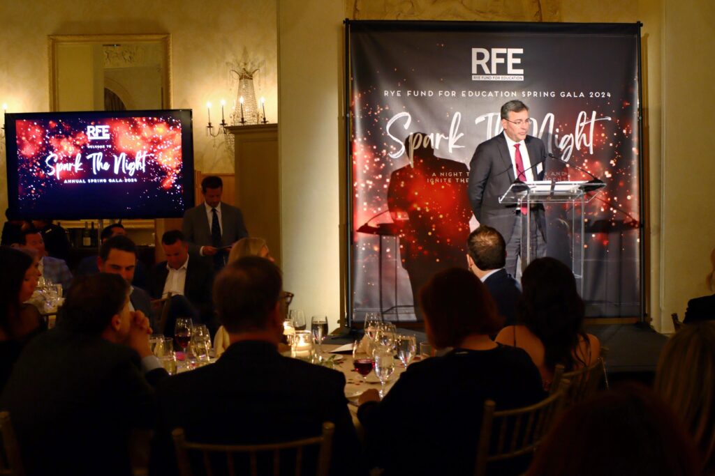 (PHOTO: Dr. Eric Byrne, superintendent of the RCSD at the Rye Fund for Education (RFE)'s 2nd Annual “Spark The Night” Gala on Thursday, April 4th, 2024 at Westchester Country Club. The event raised $375,000 for the Rye City School District.)