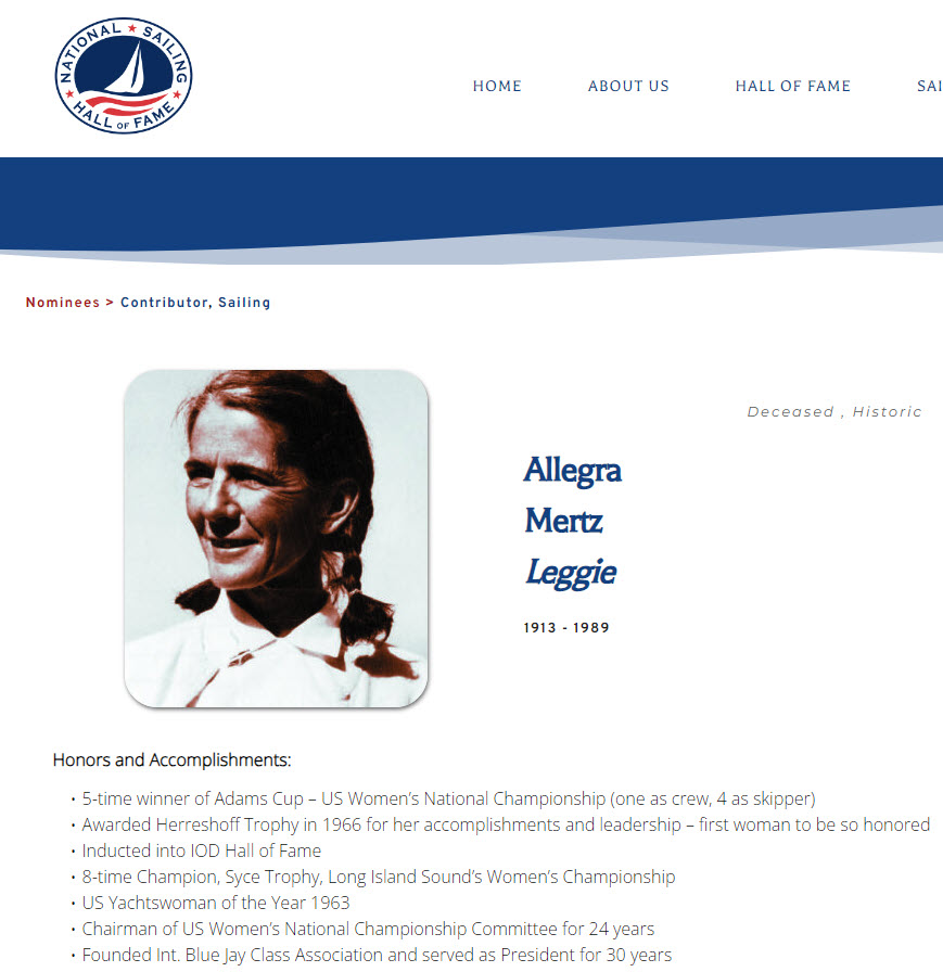 (PHOTO: Allegra (Leggie) Knapp Brickell Mertz on the National Sailing Hall of Fame website.)