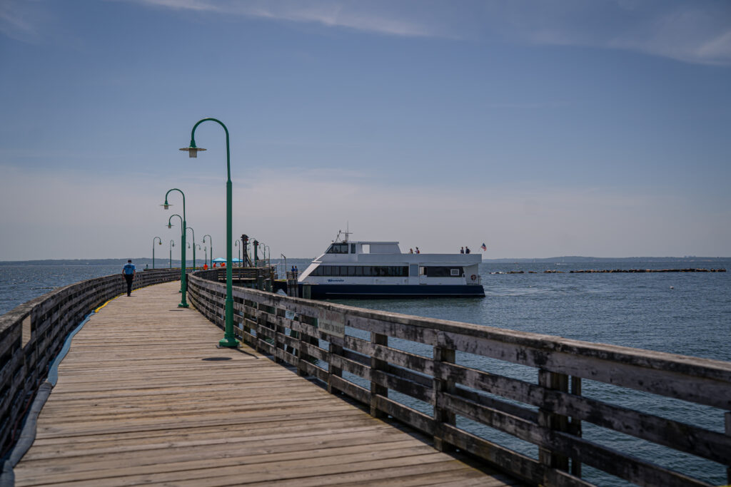 (PHOTO: The first ferry service of the summer arrived at the Playland pier from Manhattan and the Bronx at 11:45am Saturday morning, May 25, 2024. Credit: Justin Gray.)