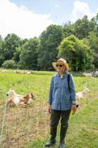 (PHOTO: Claire Francis, president of the Friends of Marshlands, at the park on Wednesday, May 29, 2024 to inspect the habitat restoration work of the goats from Fat & Sassy Goats. Credit: Justin Gray.)
