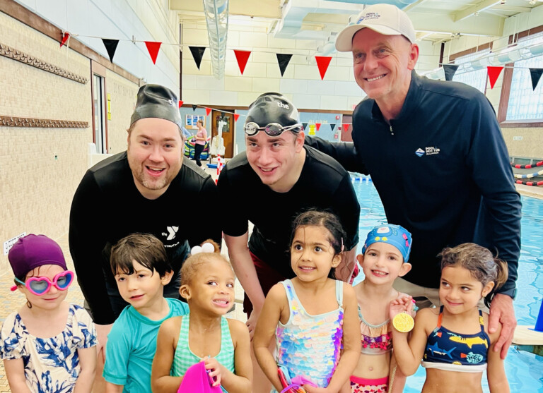 (PHOTO: Three-time Olympic gold medalist and world record holder in swimming Rowdy Gaines visited the Rye YMCA in celebration of Water Safety Month on Tuesday, May 7, 2024.)