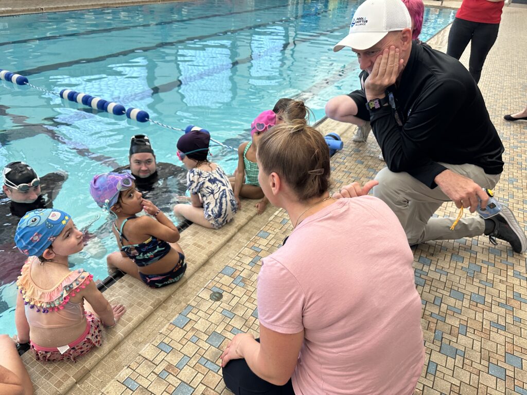 (PHOTO: Three-time Olympic gold medalist and world record holder in swimming Rowdy Gaines visited the Rye YMCA in celebration of Water Safety Month on Tuesday, May 7, 2024.)