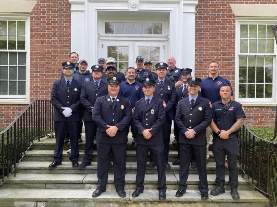 (PHOTO: Rye FD gathered for the swearing in of Captain Clyde Pitts and Lieutenant Ryan Prata at Rye City Hall on May 3, 2024.)
