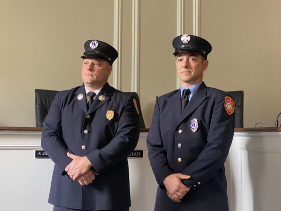 (PHOTO: On Friday morning at City Hall, Lieutenant Clyde Pitts (left) was elevated to Captain and Firefighter Ryan Prata (right) took a new position as Lieutenant.)