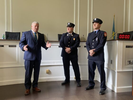 (PHOTO: Rye Public Safety Commissioner Mike Kopy at the swearing in of Rye FD Captain Clyde Pitts and Lieutenant Ryan Prata at Rye City Hall on May 3, 2024.)