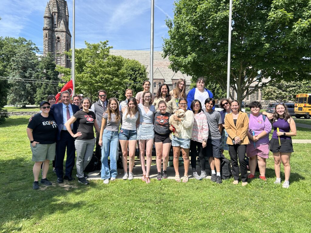 (PHOTO: GSA members, RHS students, teachers and school and district administrators at the 4th annual Pride flag raising on Friday, May 31, 2024.)
