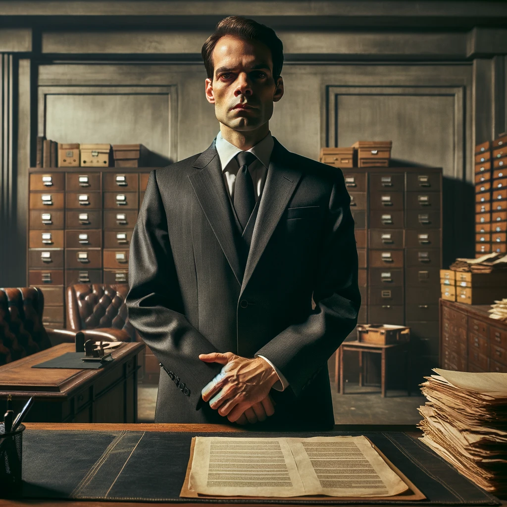 Holding Court: Tyranny - DALL·E 2024-06-03 16.55.41 - A photo of a stern, authoritarian government bureaucrat standing behind a large desk. The bureaucrat has an intimidating presence, with a stern expression