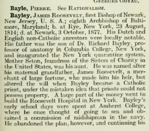(PHOTO: Mention of the birthplace of Catholic bishop James Roosevelt Bayley in the Catholic Encyclopedia, volume 2.)