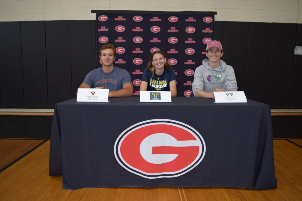 (PHOTO: Rye High School held its NLI (National Letter of Intent) signing ceremony on Thursday, May 23rd, 2024: left to right: Cole Thomas, rowing, Princeton University; Karenna Chader, lacrosse, Trinity College; Finn Palermo, sailing, Hobart & William Smith Colleges.)