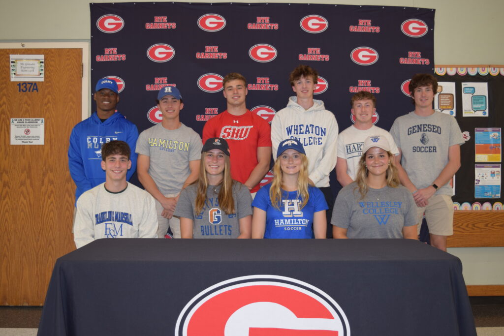 (PHOTO: Rye High School held its NLI (National Letter of Intent) signing ceremony on Thursday, May 23rd, 2024: front row, left to right: Jake Zion, track, Franklin & Marshall College; Jessica Bourne, cross country track, Gettysburg College; Isabel Harvey, soccer, Hamilton College; Sydney Jones, rowing, Wellesley Collegeback row, left to right: Ameer White, football, Colby College; Dillon Schmidt, baseball, Hamilton College; Koen Terlouw, football, Sacred Heart University; Charlie Margiloff, soccer, Wheaton College; Ollie Lincoln, soccer, Hartwick College; Max Crothall, soccer, SUNY Geneseo. Not pictured: Joe Chai, lacrosse, Oberlin College.)
