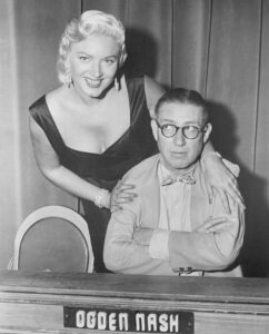 (PHOTO: American poet and Rye resident Ogden Nash, with the actress Dagmar from the television game show Masquerade Party,1955. Source: ABC Television, Public Domain.)