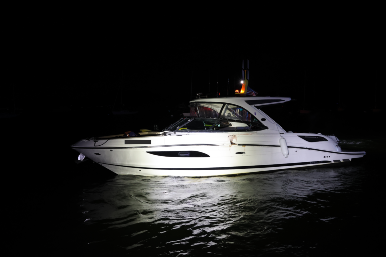 (PHOTO: One of the pleasure boats involved in a collision on Long Island Sound in dark conditions Friday evening, July 19, 2024 just south of Milton Harbor. The Rye PD arrested Gareth Ederer, age 62 of Thornwood, the operator of one of the vessels, for Boating While Intoxicated, a misdemeanor.)