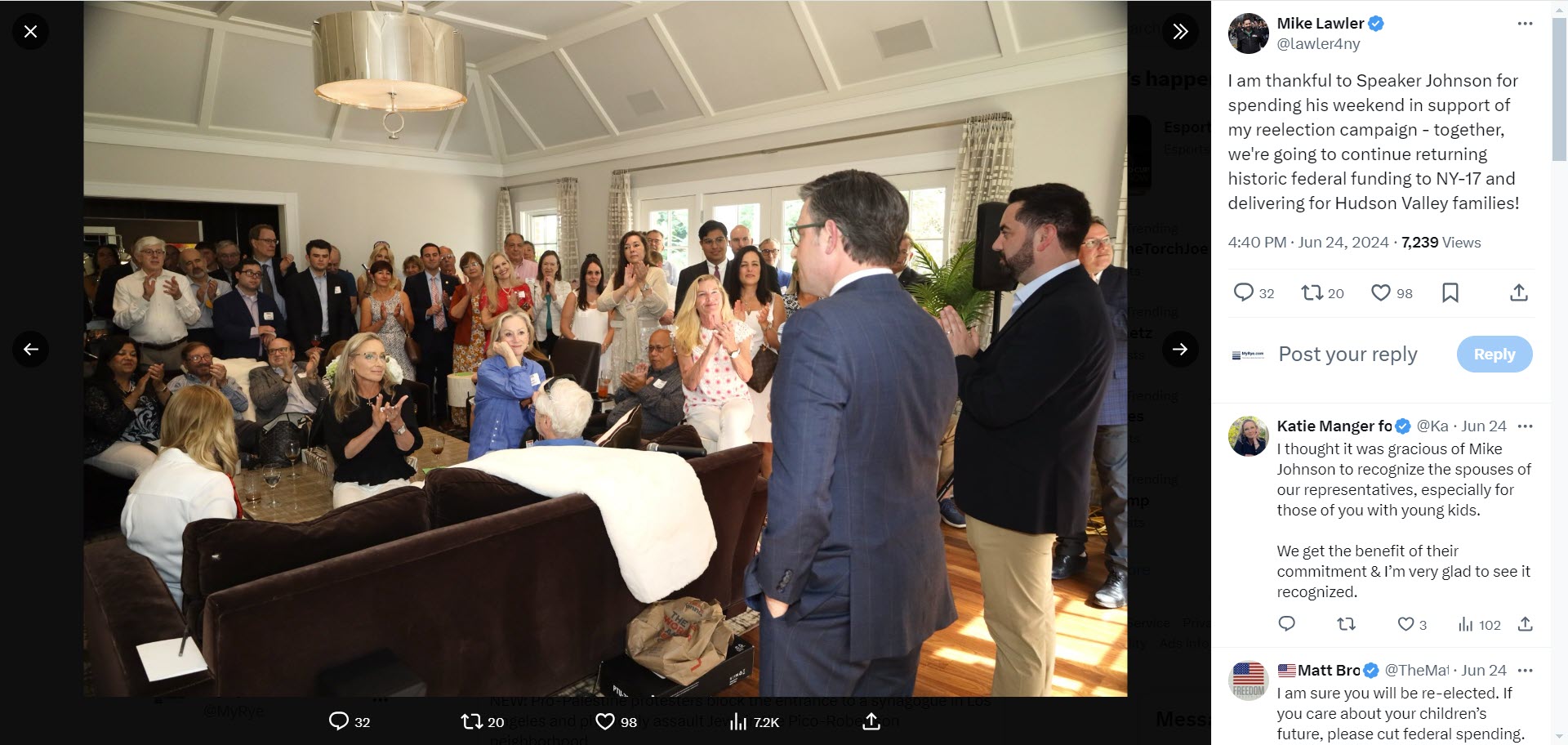 (PHOTO: Rye GOP shows Congressman Mike Lawler (NY-17) posted this photo of the Killian house fundraiser that was held on June 22, 2024. Lawler is shown standing (far right in photo) along with US Speaker of the House Mike Johnson (also standing). Local Rye GOP lead Katie Manager, who ran for Westchester County Legislator last fall against Catherine Parker, can be seen front and center in the photo (black top), as well as Susan Watson, who was a candidate for City Council in 2017 (blue top, to the right of Manger in the photo).